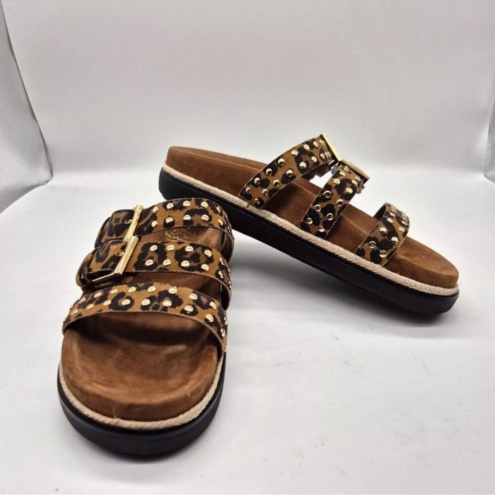Vince Camuto Leopard Studded Triple-Strap Slide Sandals - Brown/Black/Gold